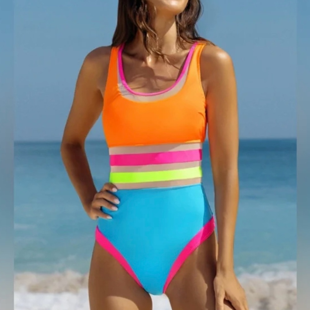 popvil Neon Color Block One Piece Swimsuit for Women Sporty Mesh Swimwear XL